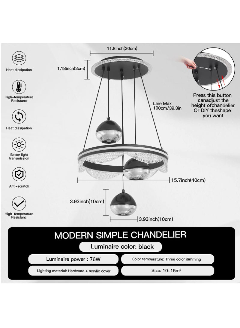 3 Heads Pendant Light Dining Room Table, Modern Black LED Three Round Shape Pendant Light for Kitchen Island Table, Adjustable Color Temperature and Height Chandelier