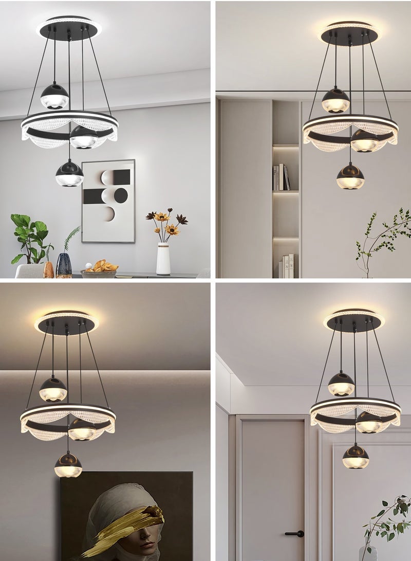 3 Heads Pendant Light Dining Room Table, Modern Black LED Three Round Shape Pendant Light for Kitchen Island Table, Adjustable Color Temperature and Height Chandelier