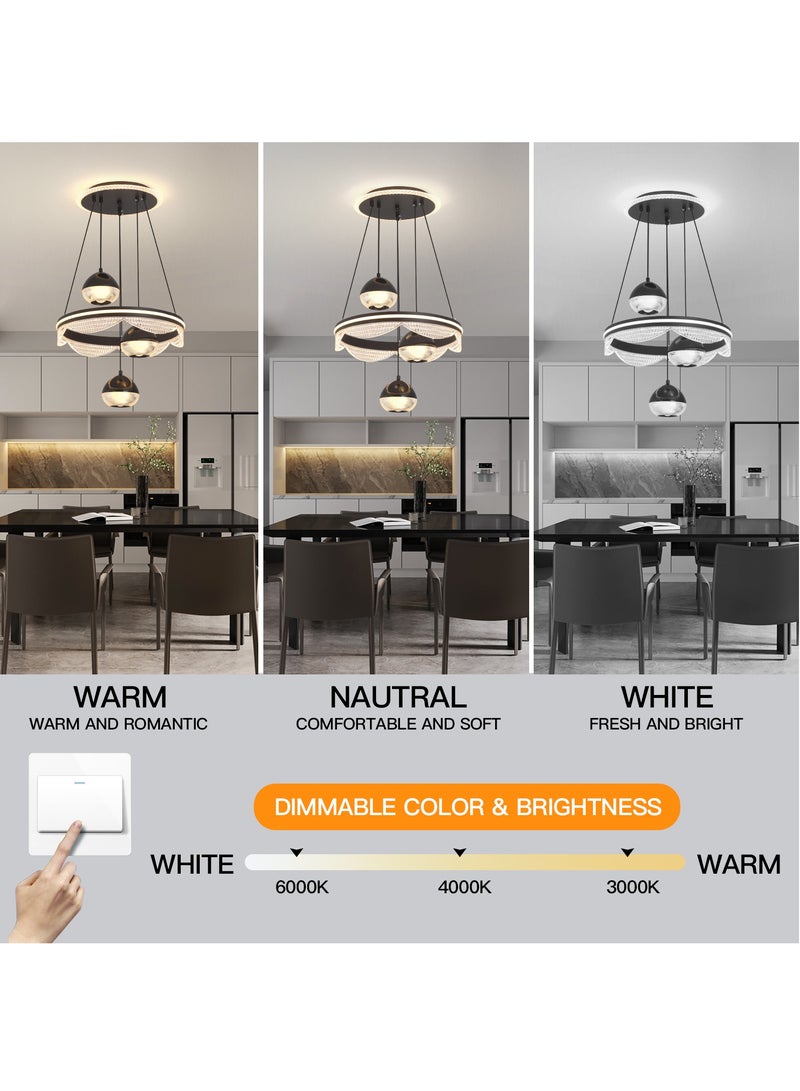 3 Heads Pendant Light Dining Room Table, Modern Black LED Three Round Shape Pendant Light for Kitchen Island Table, Adjustable Color Temperature and Height Chandelier