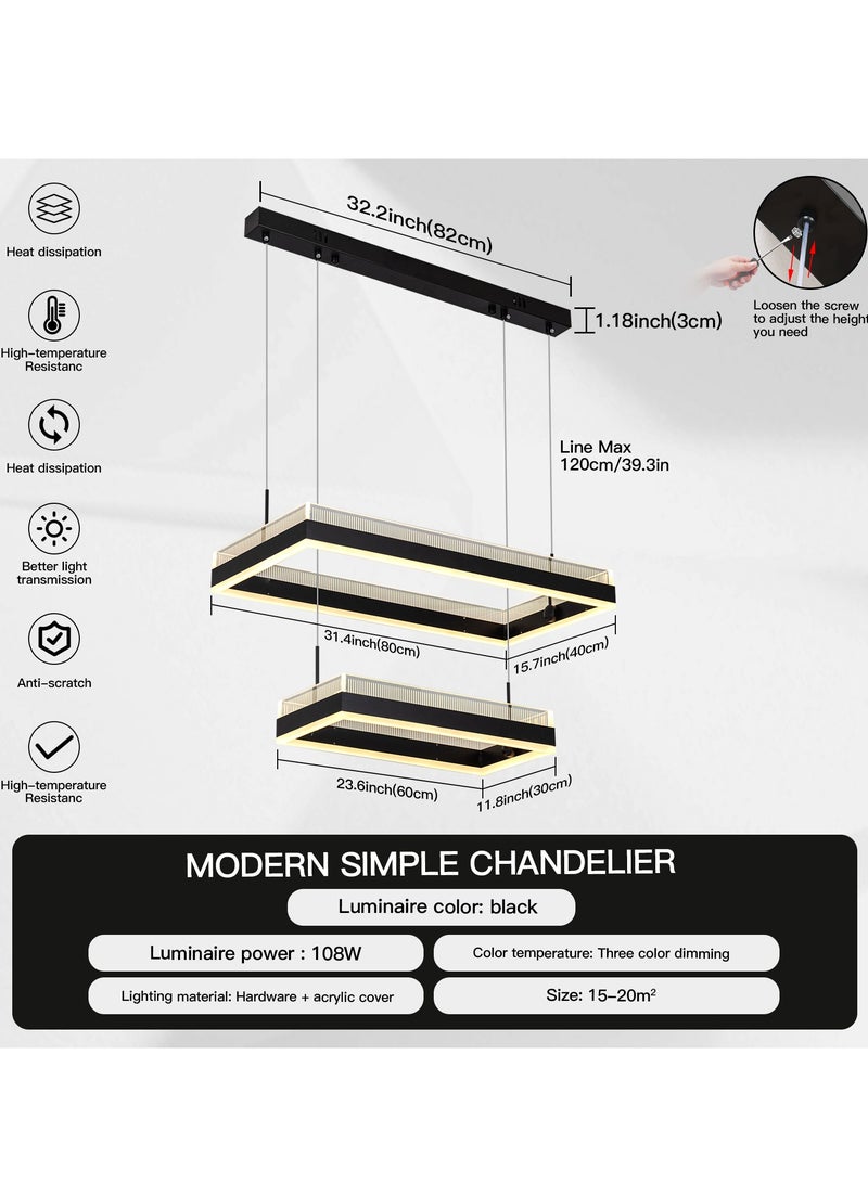 Black Chandelier Dining Room, Modern minimalist 2 Rectangular Chandelier Light for Bedroom, Kitchen Table, Adjustable Color Temperature Acrylic Chandelier with Light Guide Plate