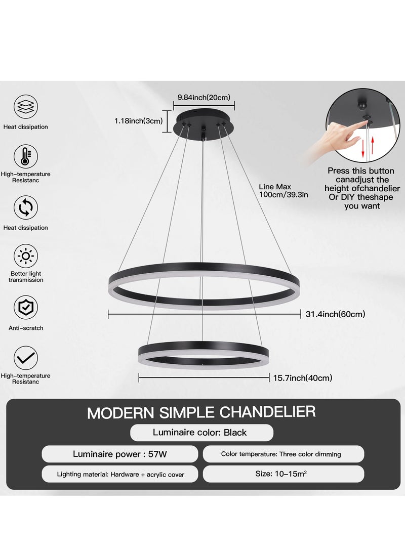 Chandelier Bedroom LED Modern Black 2 Ring Classic Chandelier Light Suitable for Living Room and Dining Room, Acrylic Adjustable Color Temperature Chandelier Lamp