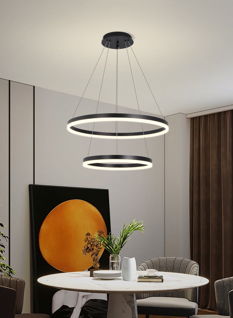 Chandelier Bedroom LED Modern Black 2 Ring Classic Chandelier Light Suitable for Living Room and Dining Room, Acrylic Adjustable Color Temperature Chandelier Lamp