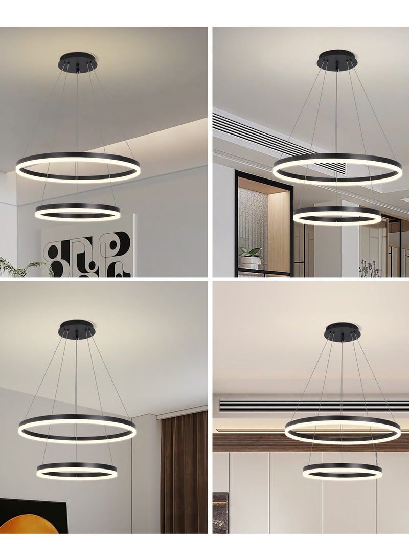 Chandelier Bedroom LED Modern Black 2 Ring Classic Chandelier Light Suitable for Living Room and Dining Room, Acrylic Adjustable Color Temperature Chandelier Lamp