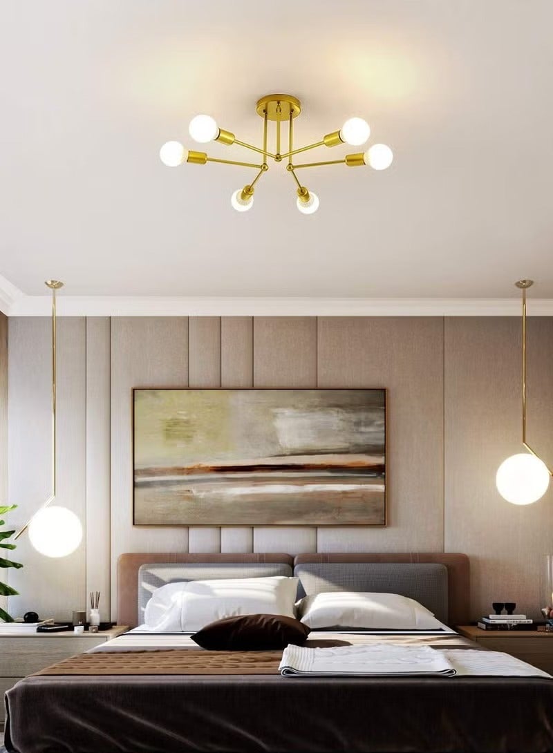 Mid Century Sputnik Chandelier 6-Lights, Industrial Semi Flush Mount Ceiling Light Fixture, Black Modern Ceiling Lamp for Kitchen Farmhouse Dining Room Bedroom Foyer (Bulbs NOT Included)