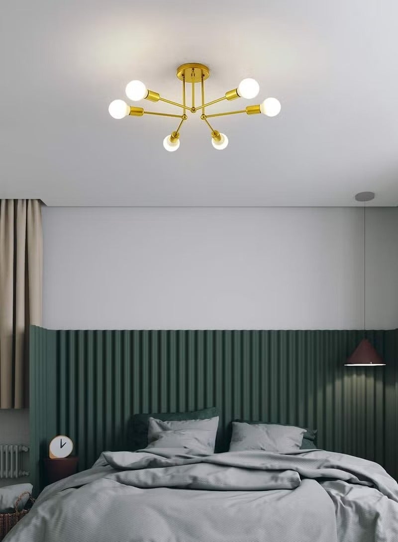 Mid Century Sputnik Chandelier 6-Lights, Industrial Semi Flush Mount Ceiling Light Fixture, Black Modern Ceiling Lamp for Kitchen Farmhouse Dining Room Bedroom Foyer (Bulbs NOT Included)