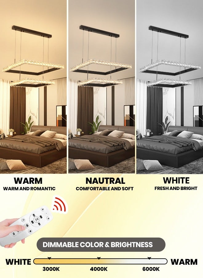 Modern LED Rectangular 2 Tier Pendant Light with Remote Control, Dimmable 3000k-6000k Ceiling Dining Room Pendant Light, LED Chandelier for Living Room, Kitchen, Bedroom