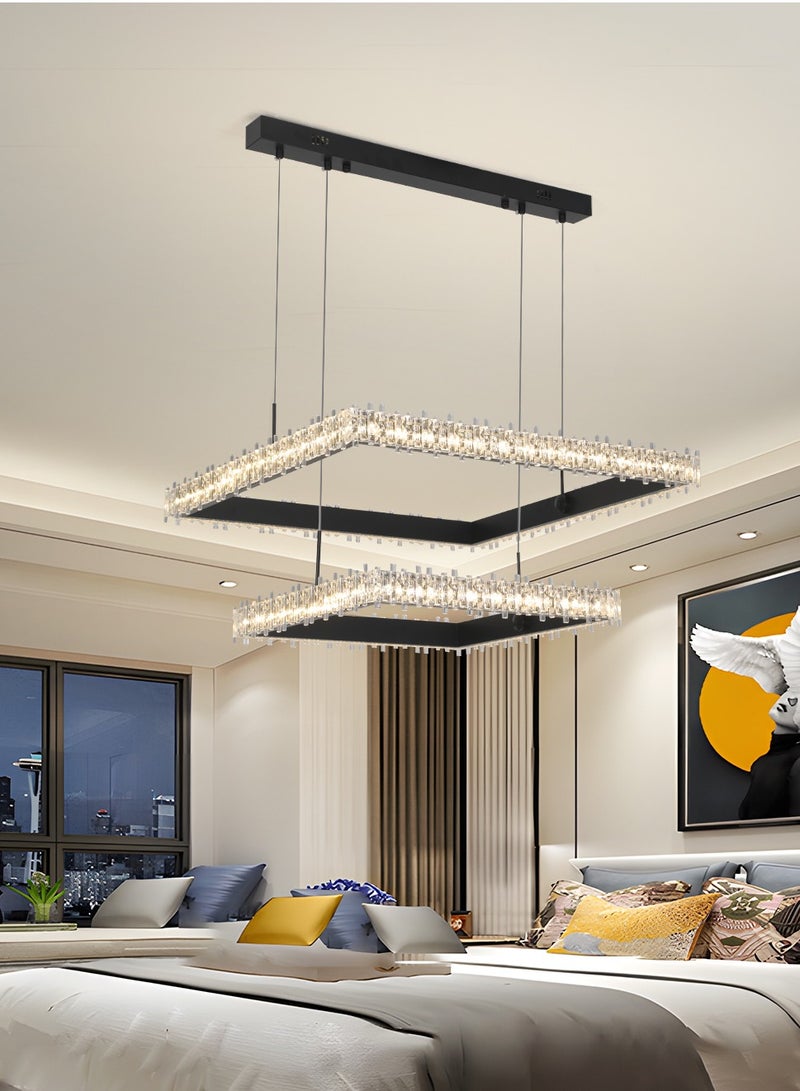 Modern LED Rectangular 2 Tier Pendant Light with Remote Control, Dimmable 3000k-6000k Ceiling Dining Room Pendant Light, LED Chandelier for Living Room, Kitchen, Bedroom