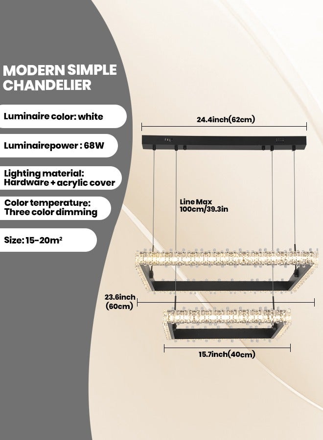 Modern LED Rectangular 2 Tier Pendant Light with Remote Control, Dimmable 3000k-6000k Ceiling Dining Room Pendant Light, LED Chandelier for Living Room, Kitchen, Bedroom