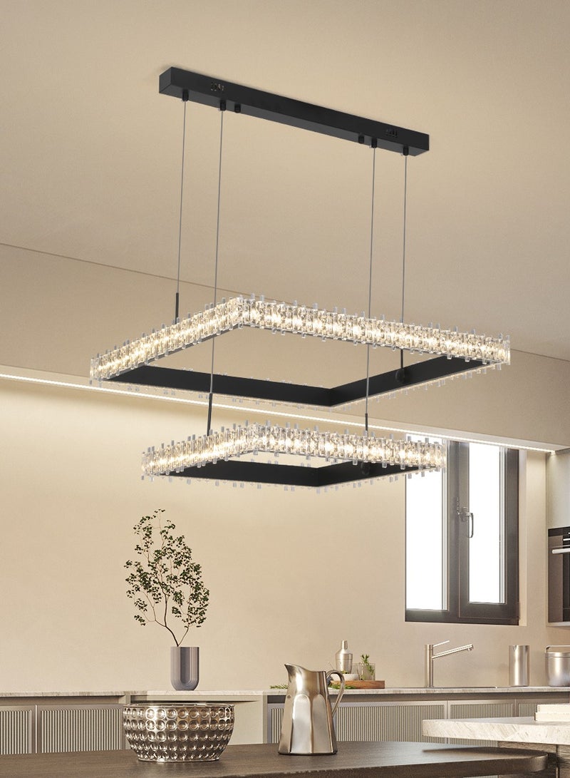 Modern LED Rectangular 2 Tier Pendant Light with Remote Control, Dimmable 3000k-6000k Ceiling Dining Room Pendant Light, LED Chandelier for Living Room, Kitchen, Bedroom