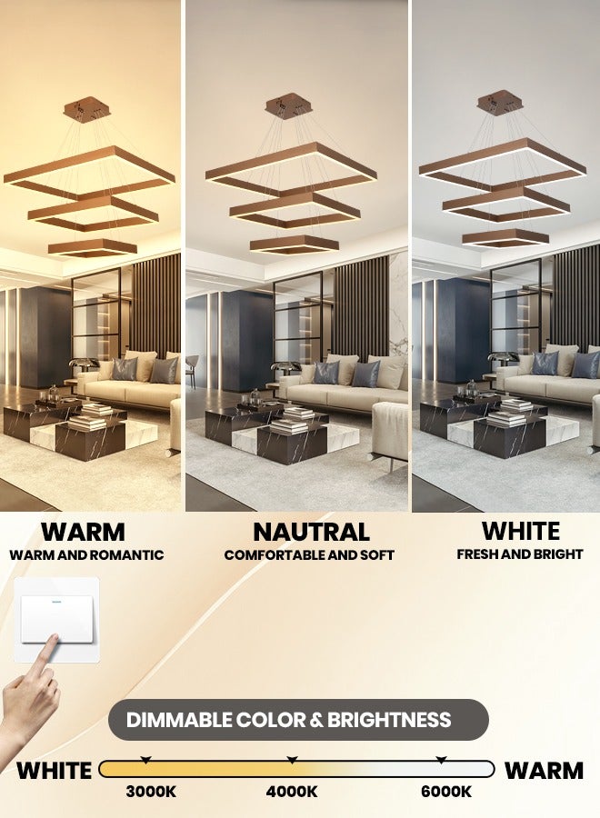 Modern LED Chandelier,Remote Control Dimmable Square Chandelier,Suitable for Foyer Chandelier Lighting Fixtures for Living Room, Dining Room (Brown, 3-Ring)