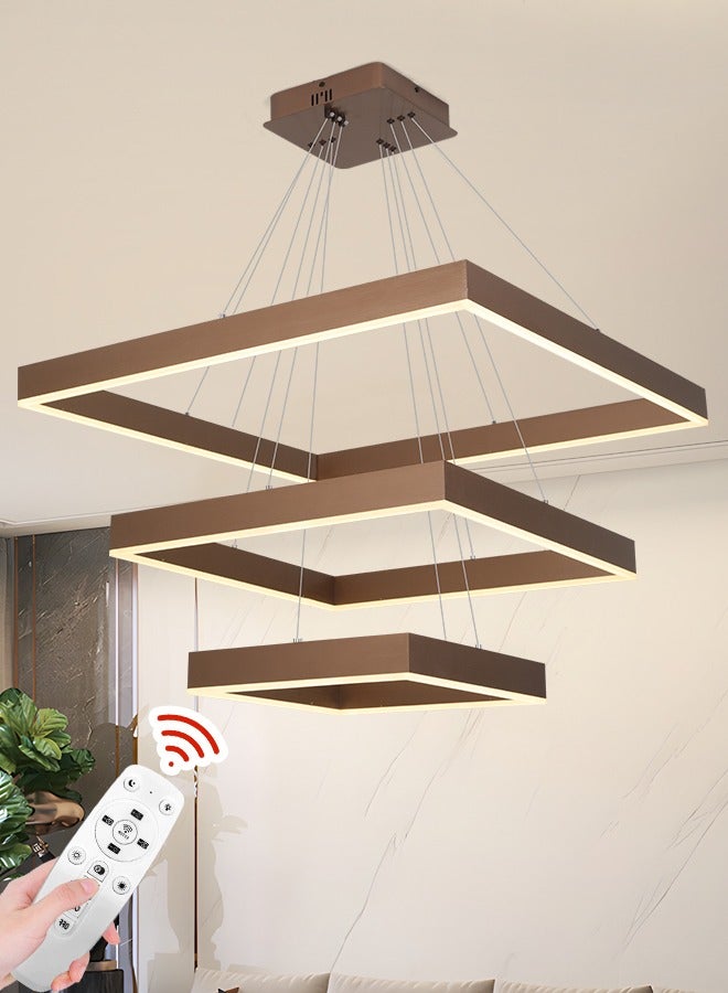 Modern LED Chandelier,Remote Control Dimmable Square Chandelier,Suitable for Foyer Chandelier Lighting Fixtures for Living Room, Dining Room (Brown, 3-Ring)