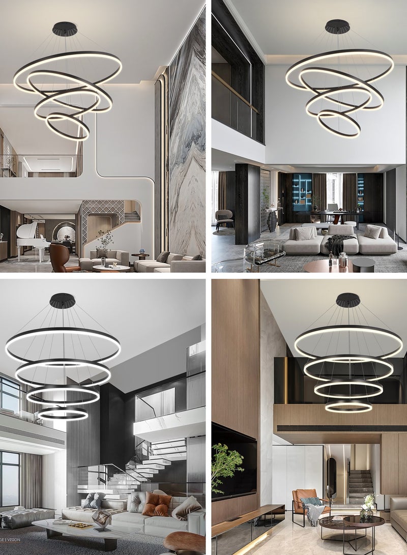 Modern Chandelier, Modern LED Chandelier Light,4 Rings Ceiling Chandelier,160W,3000K-6000K and Coverage Area 20-25 Square meter(Black, 4-RIng)