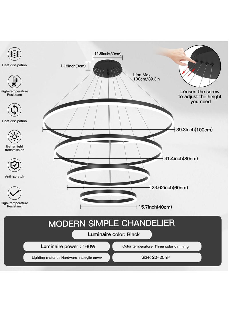 Modern Chandelier, Modern LED Chandelier Light,4 Rings Ceiling Chandelier,160W,3000K-6000K and Coverage Area 20-25 Square meter(Black, 4-RIng)