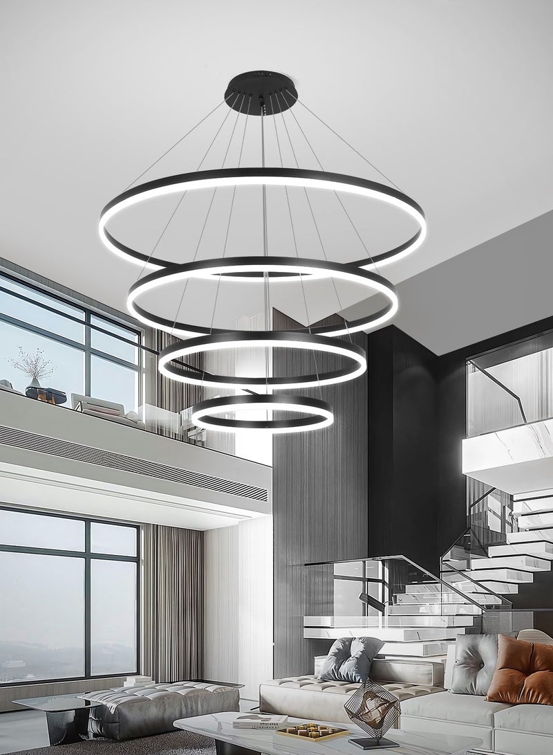 Modern Chandelier, Modern LED Chandelier Light,4 Rings Ceiling Chandelier,160W,3000K-6000K and Coverage Area 20-25 Square meter(Black, 4-RIng)