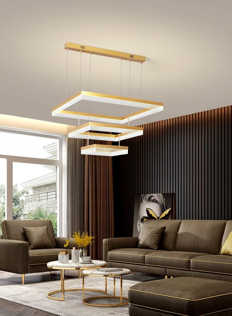 3 Square Chandelier Living Room, LED Modern Gold 60cm Side Length Dimmable Chandelier Lamp, Chandelier Light Fixture for Dining Room, Bedroom,3000-6000K,90W