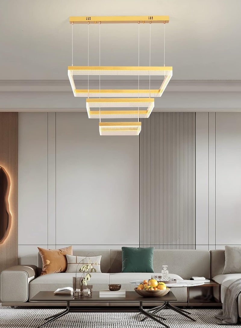 3 Square Chandelier Living Room, LED Modern Gold 60cm Side Length Dimmable Chandelier Lamp, Chandelier Light Fixture for Dining Room, Bedroom,3000-6000K,90W