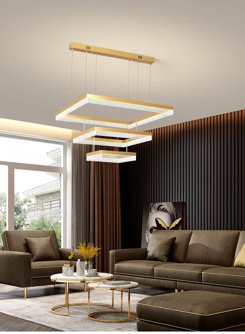 3 Square Chandelier Living Room, LED Modern Gold 60cm Side Length Dimmable Chandelier Lamp, Chandelier Light Fixture for Dining Room, Bedroom,3000-6000K,90W