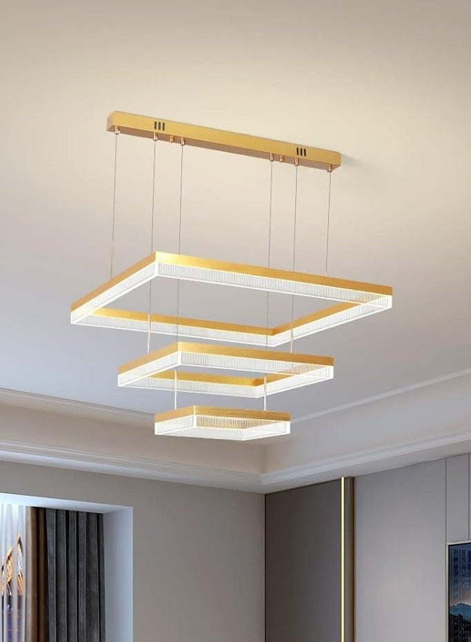 3 Square Chandelier Living Room, LED Modern Gold 60cm Side Length Dimmable Chandelier Lamp, Chandelier Light Fixture for Dining Room, Bedroom,3000-6000K,90W