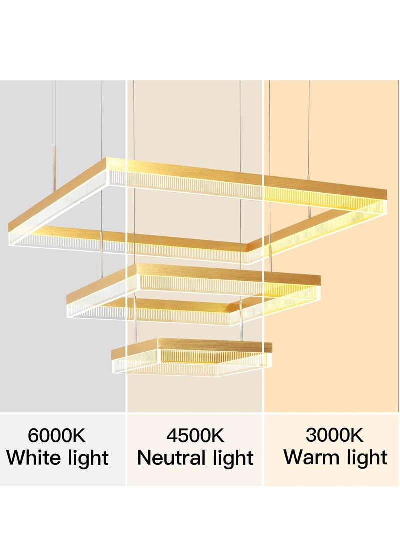 3 Square Chandelier Living Room, LED Modern Gold 60cm Side Length Dimmable Chandelier Lamp, Chandelier Light Fixture for Dining Room, Bedroom,3000-6000K,90W