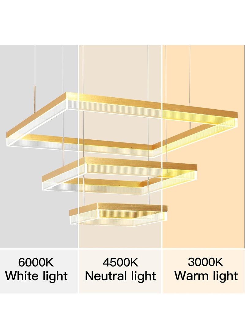 3 Square Chandelier Living Room, LED Modern Gold 60cm Side Length Dimmable Chandelier Lamp, Chandelier Light Fixture for Dining Room, Bedroom,3000-6000K,90W