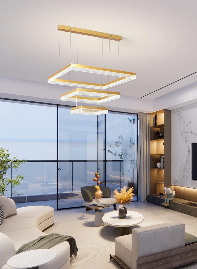 3 Square Chandelier Living Room, LED Modern Gold 60cm Side Length Dimmable Chandelier Lamp, Chandelier Light Fixture for Dining Room, Bedroom,3000-6000K,90W