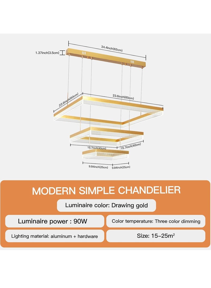 3 Square Chandelier Living Room, LED Modern Gold 60cm Side Length Dimmable Chandelier Lamp, Chandelier Light Fixture for Dining Room, Bedroom,3000-6000K,90W