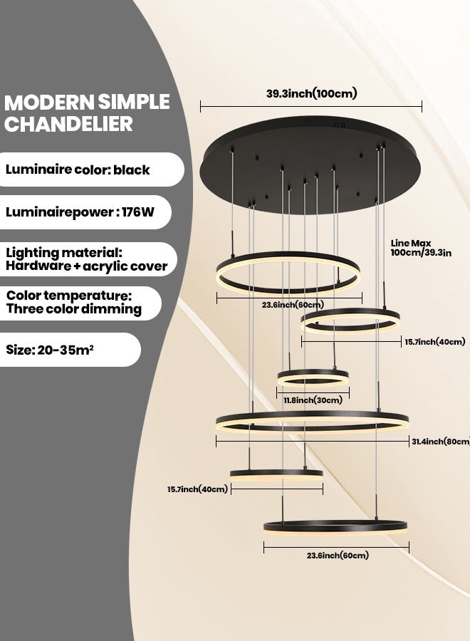 Modern Chandelier, Dimmable 6 Rings Chandelier Light Fixture Luxury Big LED Chandelier for High Ceiling Living Room Foyer,Contemporary Acrylic Modern LED Light Fixtures with Remote Controller