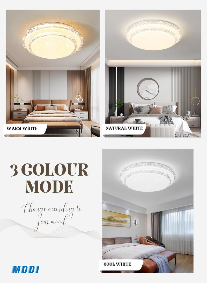 Double Layer White Crystal Ceiling Lamp, 3 Colour Changing Warm Natural Cool White For Bedroom Livingroom Hallway Kids Study Office Lounge Dining