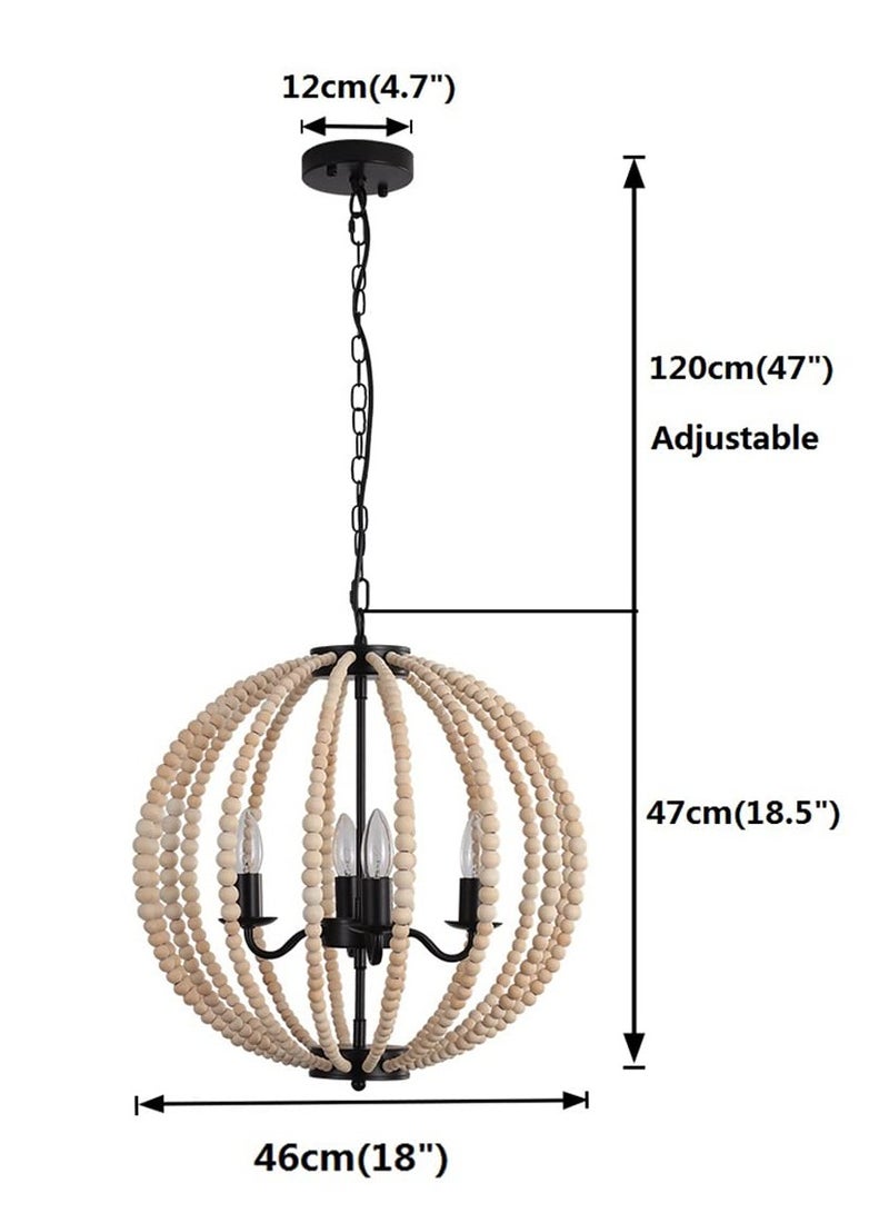Boho Wood Bead Chandelier, 4-Lights Modern Pendant Lighting, Farmhouse Bohemian Vintage Industrial Ceiling Hanging Light Fixture for Entrance Bedroom Kitchen Living Room Restaurant Bar Corridor