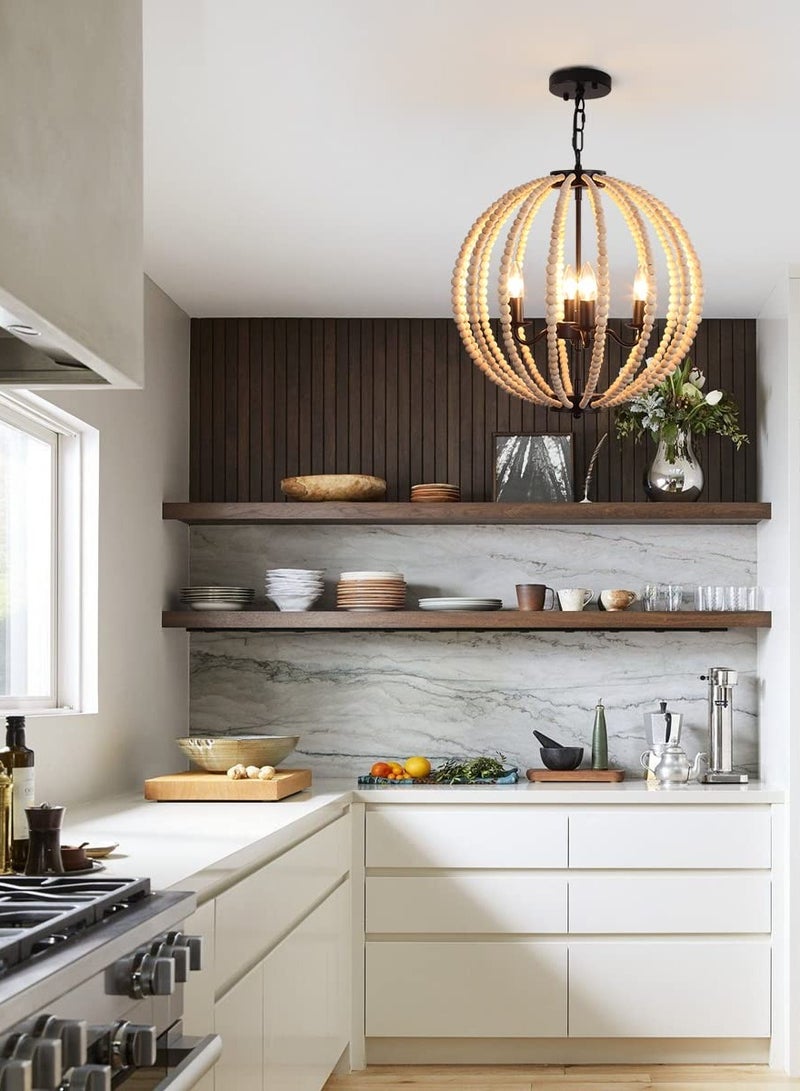 Boho Wood Bead Chandelier, 4-Lights Modern Pendant Lighting, Farmhouse Bohemian Vintage Industrial Ceiling Hanging Light Fixture for Entrance Bedroom Kitchen Living Room Restaurant Bar Corridor