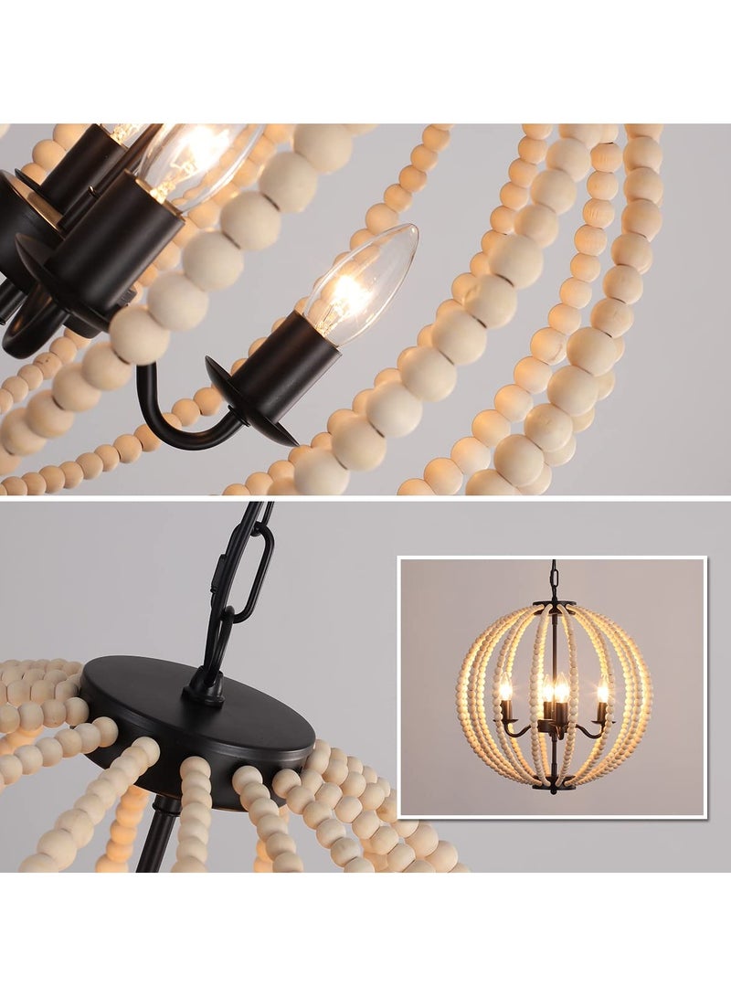 Boho Wood Bead Chandelier, 4-Lights Modern Pendant Lighting, Farmhouse Bohemian Vintage Industrial Ceiling Hanging Light Fixture for Entrance Bedroom Kitchen Living Room Restaurant Bar Corridor