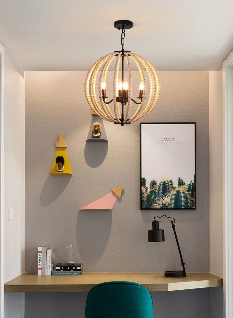 Boho Wood Bead Chandelier, 4-Lights Modern Pendant Lighting, Farmhouse Bohemian Vintage Industrial Ceiling Hanging Light Fixture for Entrance Bedroom Kitchen Living Room Restaurant Bar Corridor