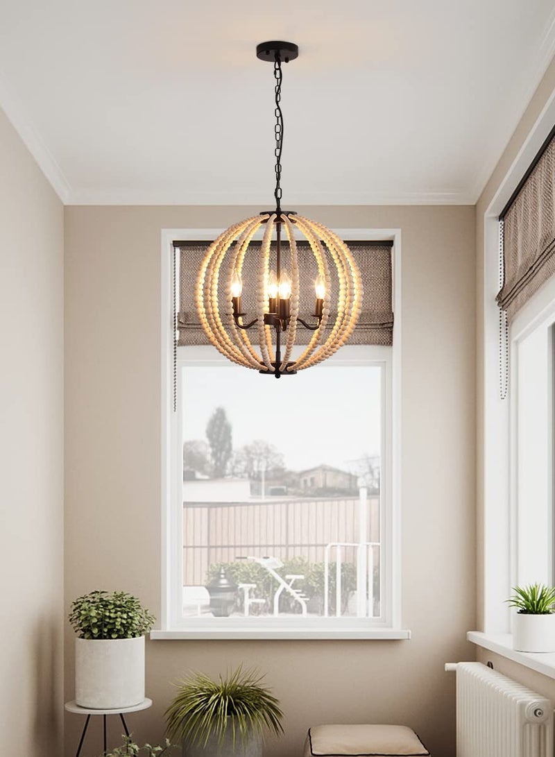 Boho Wood Bead Chandelier, 4-Lights Modern Pendant Lighting, Farmhouse Bohemian Vintage Industrial Ceiling Hanging Light Fixture for Entrance Bedroom Kitchen Living Room Restaurant Bar Corridor