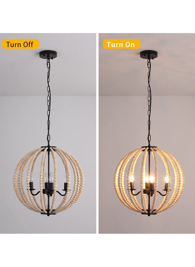 Boho Wood Bead Chandelier, 4-Lights Modern Pendant Lighting, Farmhouse Bohemian Vintage Industrial Ceiling Hanging Light Fixture for Entrance Bedroom Kitchen Living Room Restaurant Bar Corridor