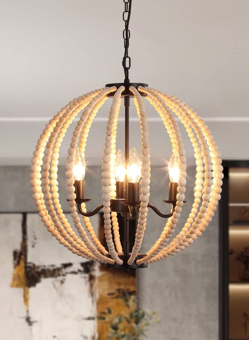 Boho Wood Bead Chandelier, 4-Lights Modern Pendant Lighting, Farmhouse Bohemian Vintage Industrial Ceiling Hanging Light Fixture for Entrance Bedroom Kitchen Living Room Restaurant Bar Corridor