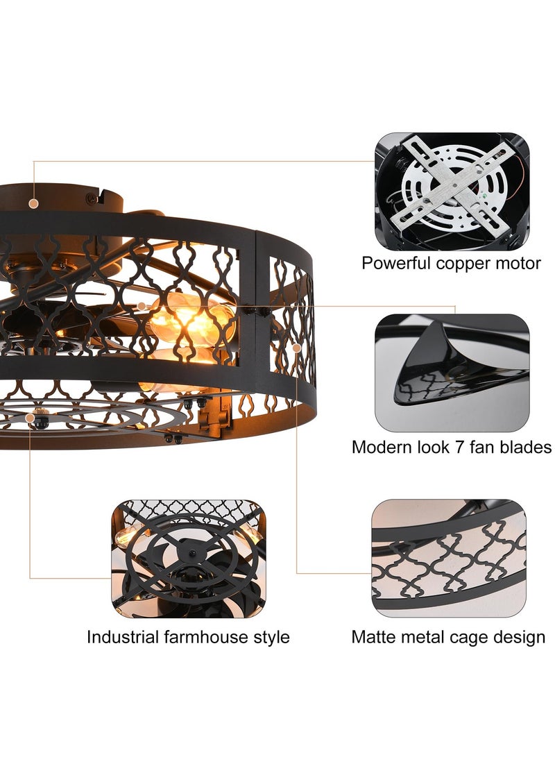 19.6in Caged Ceiling Fan with Light, Bladeless Black Fandelier Ceiling Fan with Remote, Industrial Farmhouse Samll Fan Lights Ceiling Fixtures for Kitchen, Bedroom（6 Speed, Timing）-Black