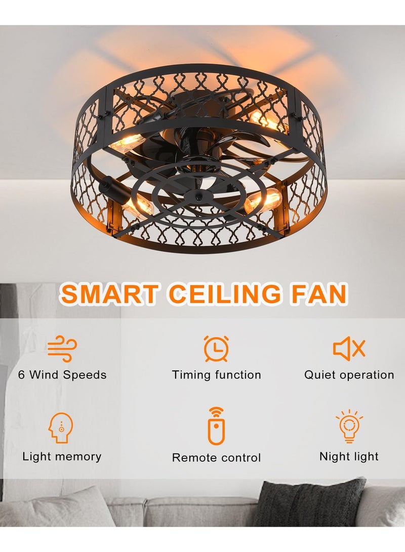 19.6in Caged Ceiling Fan with Light, Bladeless Black Fandelier Ceiling Fan with Remote, Industrial Farmhouse Samll Fan Lights Ceiling Fixtures for Kitchen, Bedroom（6 Speed, Timing）-Black