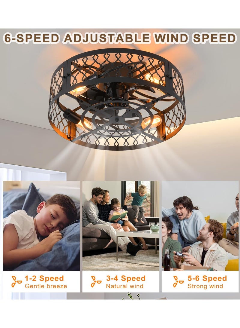 19.6in Caged Ceiling Fan with Light, Bladeless Black Fandelier Ceiling Fan with Remote, Industrial Farmhouse Samll Fan Lights Ceiling Fixtures for Kitchen, Bedroom（6 Speed, Timing）-Black