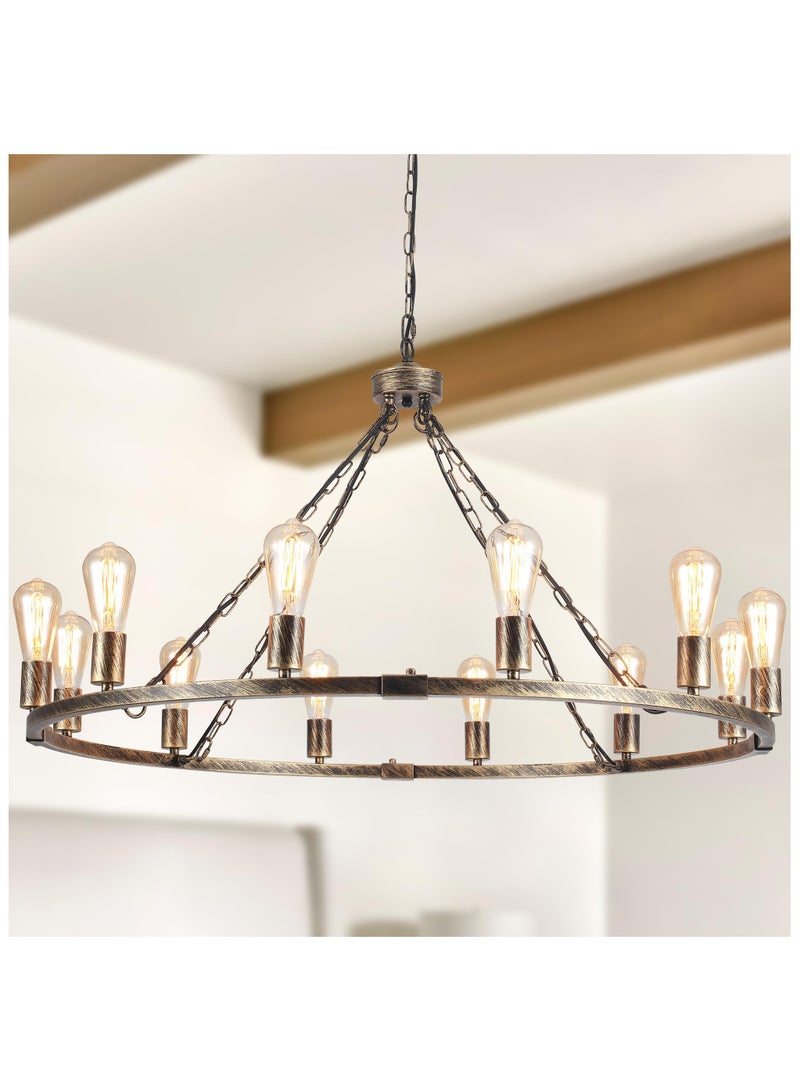 Wagon Wheel Chandelier, Vintage 12-Lights Bronze Rustic Farmhouse Ceiling Pendant Light Large Metal Chandeliers Hanging Light Fixture for Kitchen, Living Room, Hallway, Dining Room