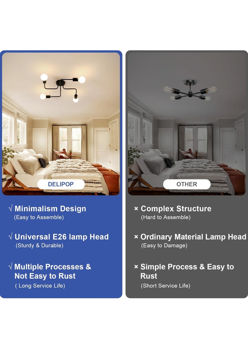 Modern Sputnik Chandelier Ceiling Light Fixture with 4 Lights Black Mid Century Semi Flush Mount Ceiling Lights Fixture for Bedroom Dining Room Living Room Kitchen, Bulbs Not Included