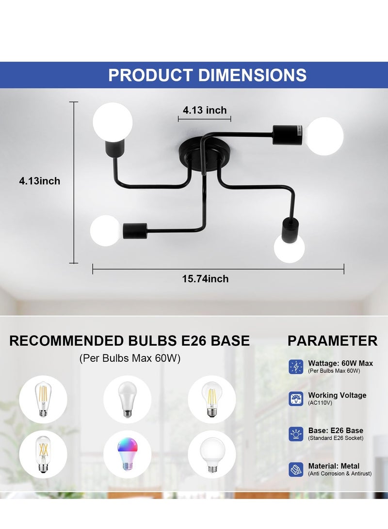 Modern Sputnik Chandelier Ceiling Light Fixture with 4 Lights Black Mid Century Semi Flush Mount Ceiling Lights Fixture for Bedroom Dining Room Living Room Kitchen, Bulbs Not Included