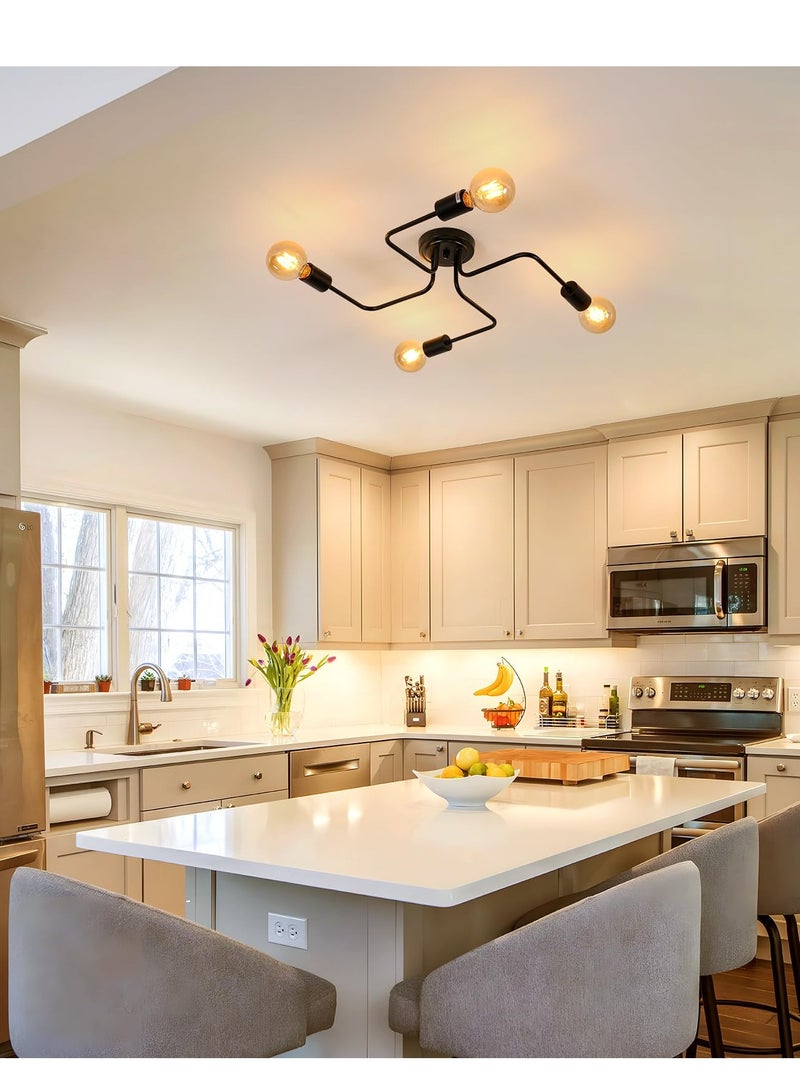 Modern Sputnik Chandelier Ceiling Light Fixture with 4 Lights Black Mid Century Semi Flush Mount Ceiling Lights Fixture for Bedroom Dining Room Living Room Kitchen, Bulbs Not Included