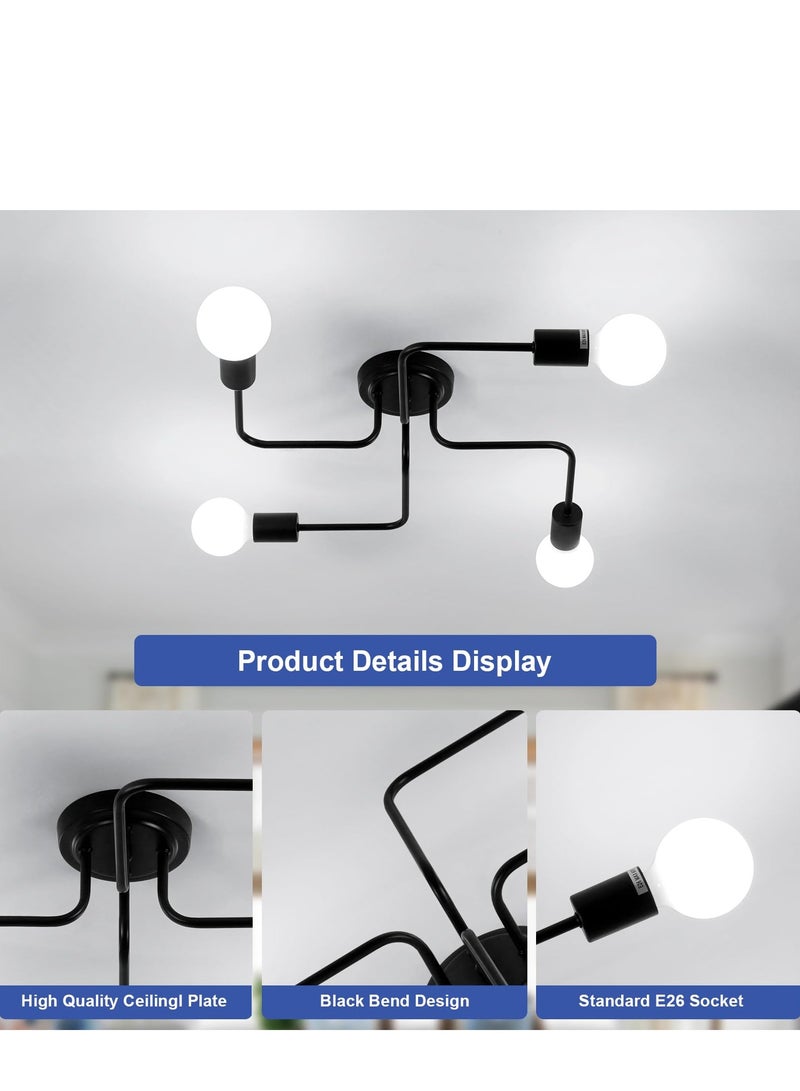 Modern Sputnik Chandelier Ceiling Light Fixture with 4 Lights Black Mid Century Semi Flush Mount Ceiling Lights Fixture for Bedroom Dining Room Living Room Kitchen, Bulbs Not Included