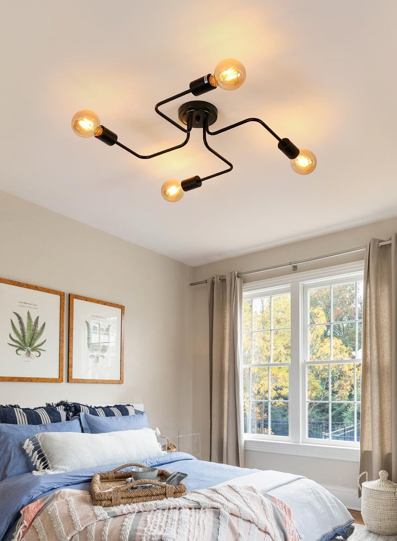 Modern Sputnik Chandelier Ceiling Light Fixture with 4 Lights Black Mid Century Semi Flush Mount Ceiling Lights Fixture for Bedroom Dining Room Living Room Kitchen, Bulbs Not Included