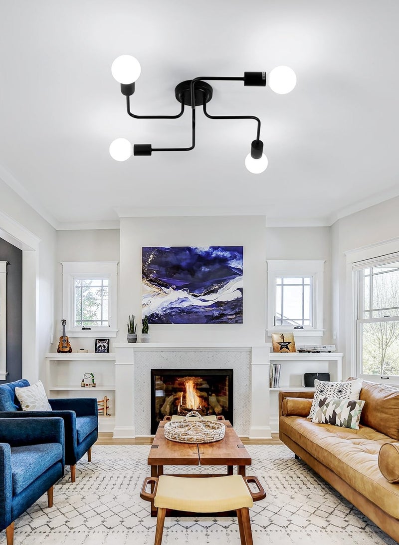 Modern Sputnik Chandelier Ceiling Light Fixture with 4 Lights Black Mid Century Semi Flush Mount Ceiling Lights Fixture for Bedroom Dining Room Living Room Kitchen, Bulbs Not Included