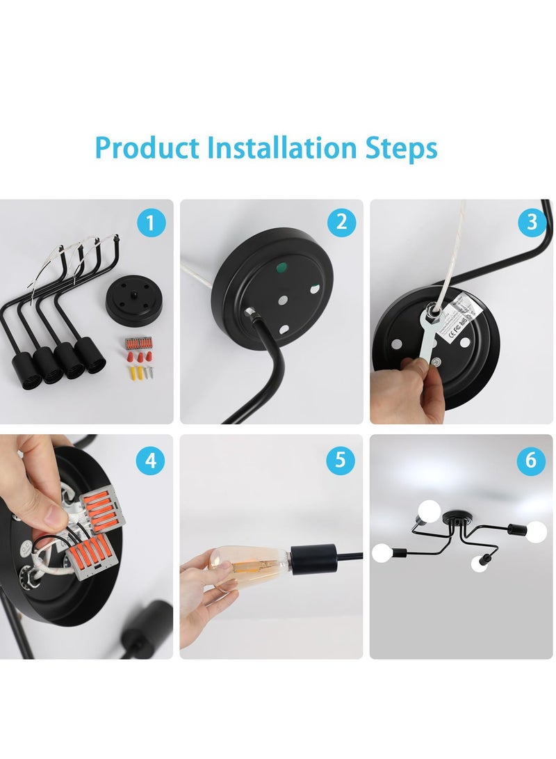 Modern Sputnik Chandelier Ceiling Light Fixture with 4 Lights Black Mid Century Semi Flush Mount Ceiling Lights Fixture for Bedroom Dining Room Living Room Kitchen, Bulbs Not Included