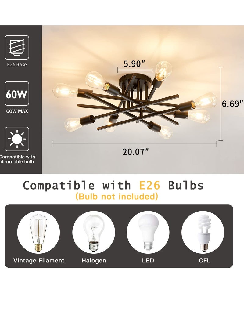 Semi Flush Mount Modern Ceiling Light Fixture, 6 Lights Black Vintage Matte Sputnik Chandelier Ceiling Lamp  for Farmhouse Dining Room Living Room Bedroom Study Kitchen