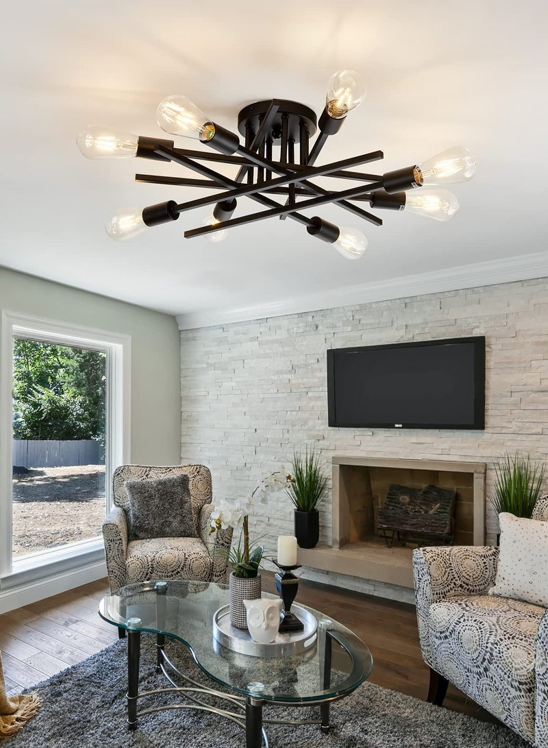 Semi Flush Mount Modern Ceiling Light Fixture, 6 Lights Black Vintage Matte Sputnik Chandelier Ceiling Lamp  for Farmhouse Dining Room Living Room Bedroom Study Kitchen