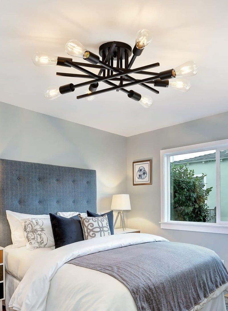 Semi Flush Mount Modern Ceiling Light Fixture, 6 Lights Black Vintage Matte Sputnik Chandelier Ceiling Lamp  for Farmhouse Dining Room Living Room Bedroom Study Kitchen
