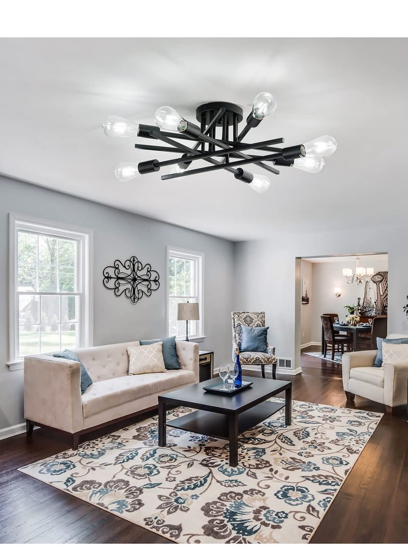 Semi Flush Mount Modern Ceiling Light Fixture, 6 Lights Black Vintage Matte Sputnik Chandelier Ceiling Lamp  for Farmhouse Dining Room Living Room Bedroom Study Kitchen